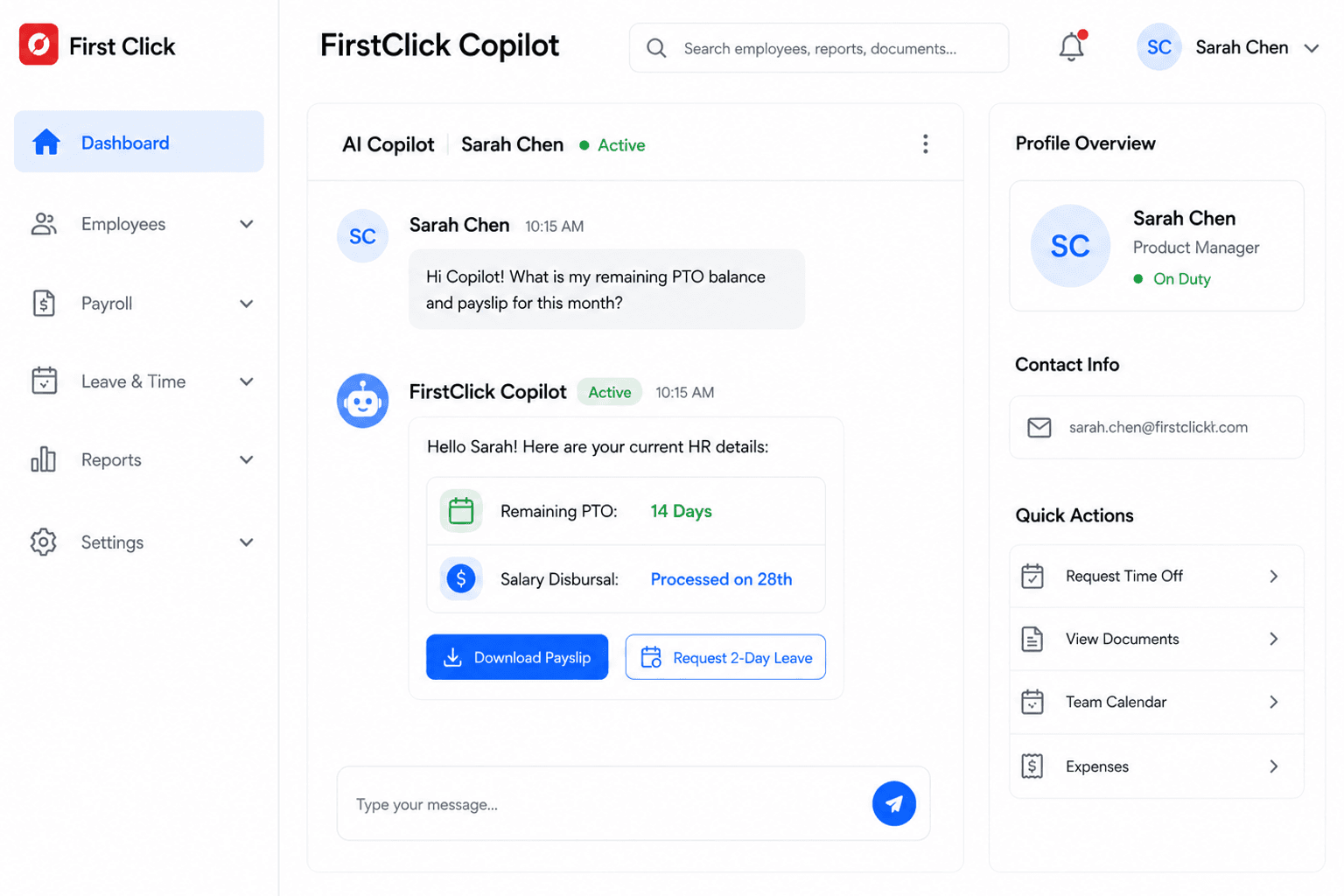 First Click AI-Powered HR Copilot & Self-Service Interface