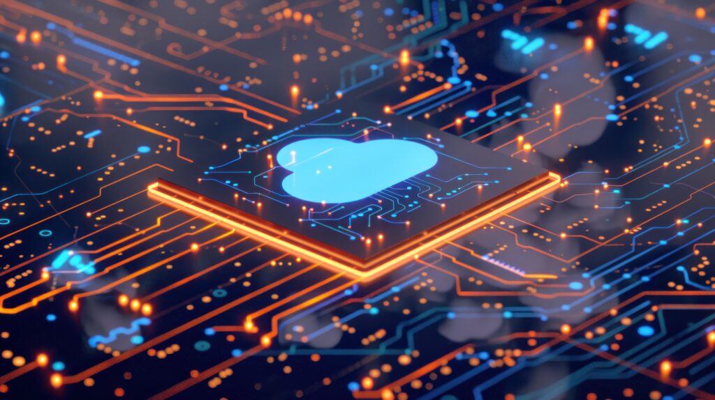 cloud computing connection on computer circuit board high technology digital network
