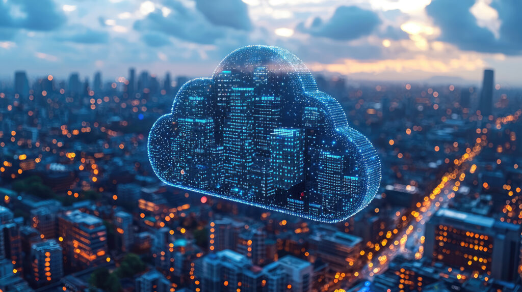 digital cloud computing over cityscape network infrastructure, technology solutions, data storage, and secure connections
