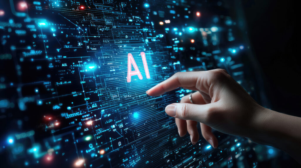 finger touching holographic ai interface with complex data streams and circuitry futuristic technology concept