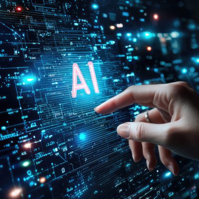 finger touching holographic ai interface with complex data streams and circuitry futuristic technology concept